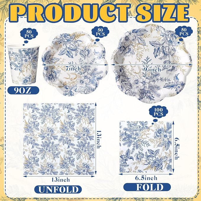 250 Pcs Blue Gold Floral Disposable Paper Plate Napkins | Bridal Shower Wedding - Image 2