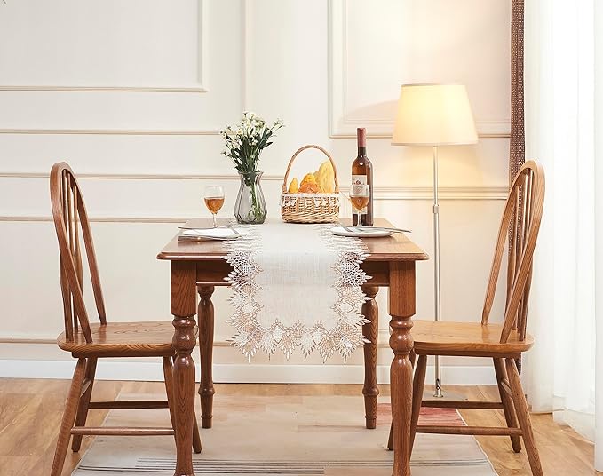 Natural Linen Table Runner 72 inches Beige Lace Coffee Table Runners | French - Image 7