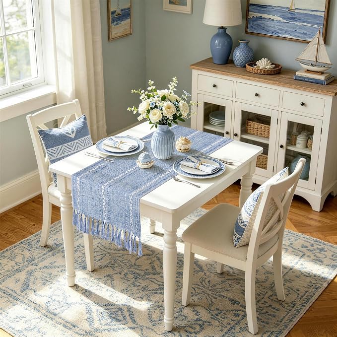 Dusty Blue Table Runner Short 15.7 x 36 inch, Boho Small Table Cloth, Dresser - Image 3