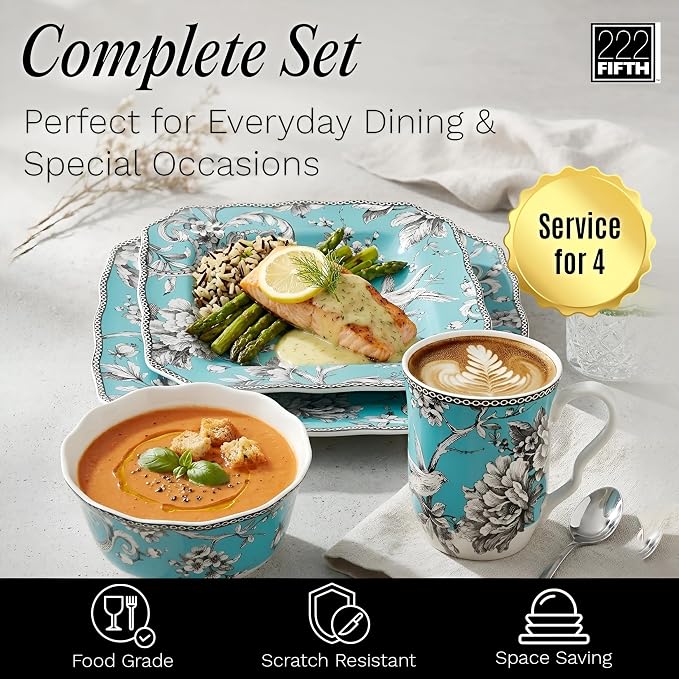 222 Fifth Adelaide Turquoise 16-Piece Porcelain Dinnerware Set | Microwave and - Image 3