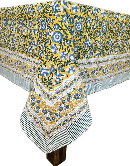 ATOSII Marigold Blue Yellow 100% Cotton Fall Tablecloth, Handblock Print Rectangle Table Cover for Kitchen Dining Linen I Parties, Weddings, Outdoors, Easter Table Decor 60 X 90 Inches I 6 Seater