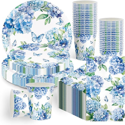 100pcs Hydrangea Party Supplies Paper Plates Napkins Cups | Hydrangea Floral by XIENBLOC
