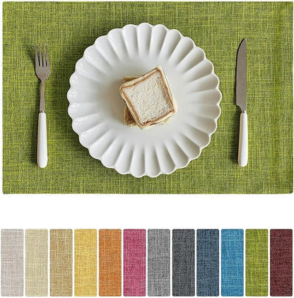 Softalker Faux Linen Placemats Set of 12-12 x 18 Inch, Heat Resistant Double Layered Durable Burlap Farmhouse Place Mats, Non-Slip Washable Rustic Table Mats for Dining, Kitchen, Party（Lime Green