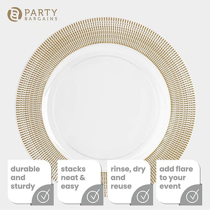 PARTY BARGAINS 13-Inch Charger Plates - 96 Pack, Clear Gold Textured Rim, Heavy-Duty Disposable Chargers for Elegant Dining - Ideal for Weddings and Formal Events
