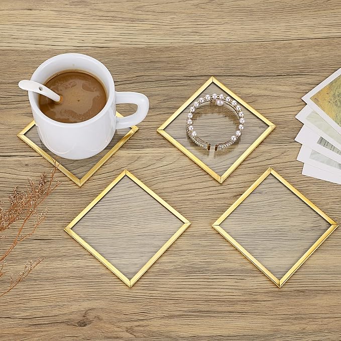 JUXYES Set of 7 Gold Brass Clear Glass Round Coaster - Image 2