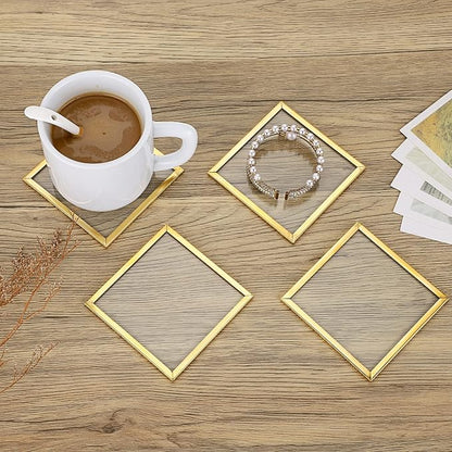 JUXYES Set of 7 Gold Brass Clear Glass Round Coaster - Image 2