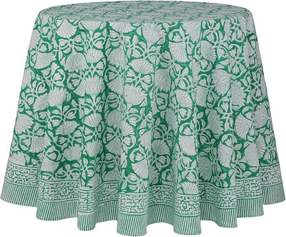 ATOSII Meadow Green 100% Cotton Summer Round Tablecloth, Block Print Table Cloth for Dining, Weddings, Outdoors, Parties I Grand Millenial Farmhouse Coastal Boho Home Decor 90" Inches