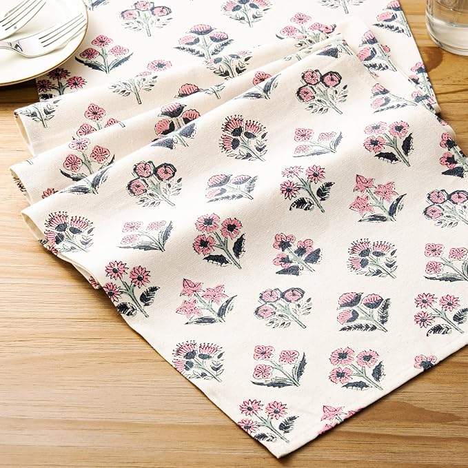 Block Print Floral Decorative Table Runners, 13x36 Inch Pink | 100% Organic - Image 6