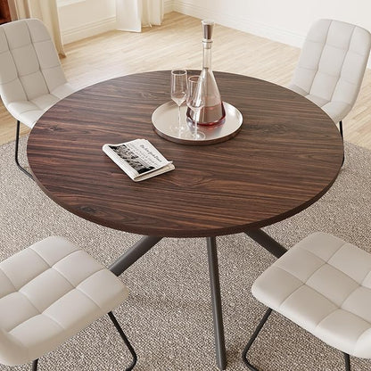 45.3 Inch Round Dining Table Set for 4, Mid Century Modern Small Coffee Set for Dining Room Kitchen Apartment (Dark Walnut Table + 4 U-Shaped White Chairs)