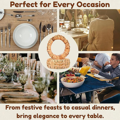 CLEENTABLE Rustic Napkin Rings Set of 12 - Elegant Round Cane Napkin Rings, Easy to Clean, Durable Versatile for Table Settings, Special Occasion, Easter Table Decor & Gift Giving Ideas (Natural)