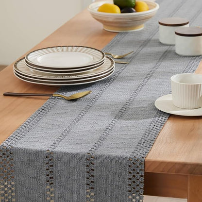 Macrame Style Boho Table Runner, 12x72 Inch Light Blue Grey | Woven Boho Table - Image 5