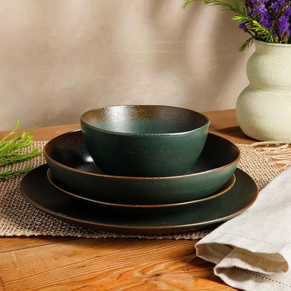 Bloomhouse - Two Time Oprah's Favorite Things Winner - Palermo Sun Double Bowl Stoneware Reactive Glaze Plates and Bowls Dinnerware Set - Agave Blue, Service for Four (16pcs)