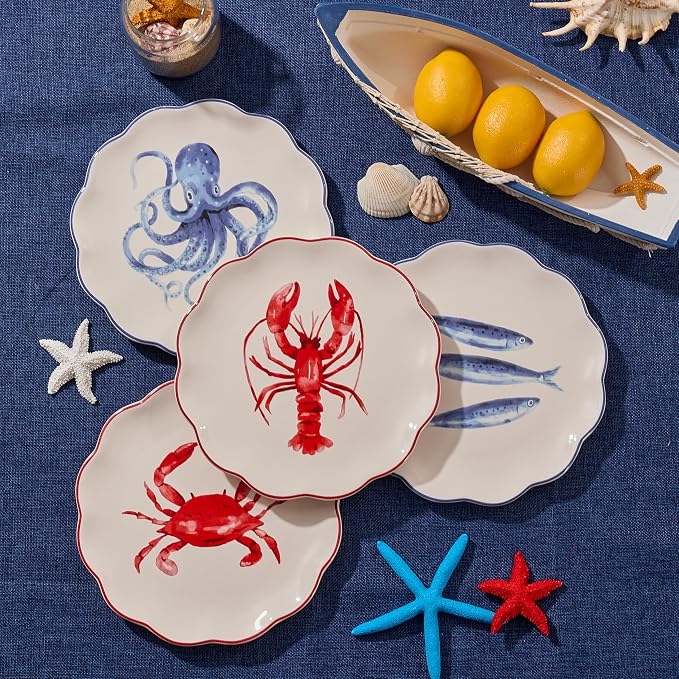Bico Ocean Wonders Scalloped Salad Plates Set of 4, 8.75 Inch Ceramic Dessert - Image 5