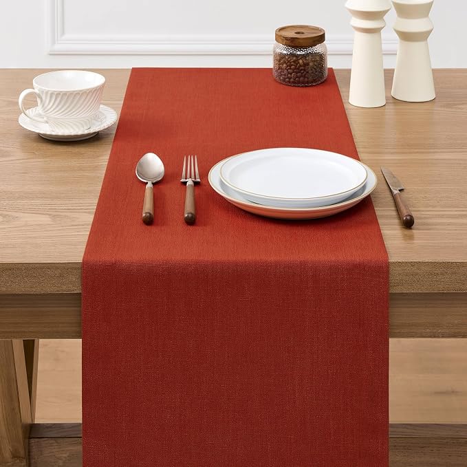 Linen Textured Border Table Runner, 14 x 72 Inch Orange | Mitered Corner Design - Image 3