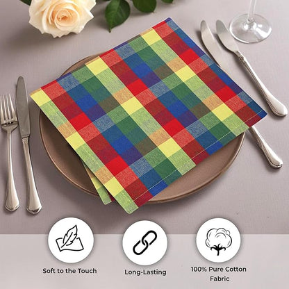 Urban Villa Cotton Dinner Napkins Set of 6, Highly Absorbent 20x20 Inches Premium Cloth Napkins Hotel Quality Reusable & Washable Table Dinner Napkins for Home & Weddings - Multi Prismatic, Checks