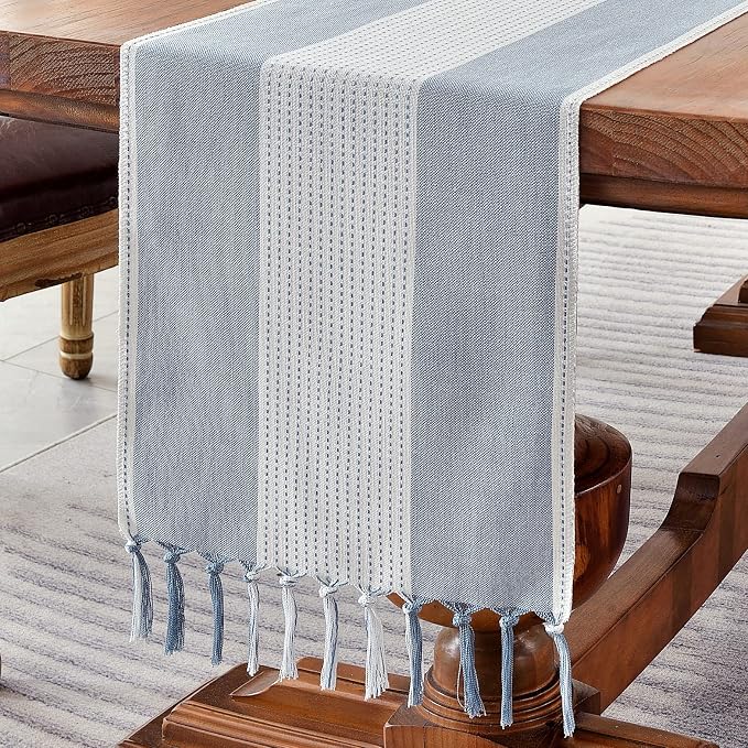 Wracra Linen Table Runner, Stripe Table Runners 60 Inches Long Blue | Delicate by Wracra