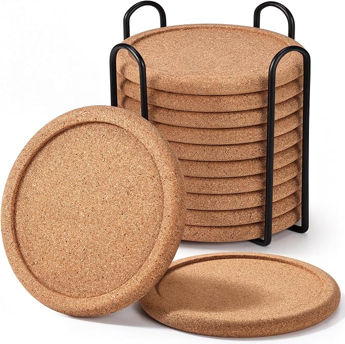 Set of 12 Cork Coasters with Metal Holder, Absorbent Coasters by GOHDODD