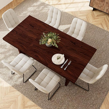 7-Piece Dining Table Set for 6 People, 70.8" MDF Kitchen Table with 6 Upholstered Chairs, Space-Saving for Dining Room, Breakfast Nook(Walnut Table+6 White Chairs