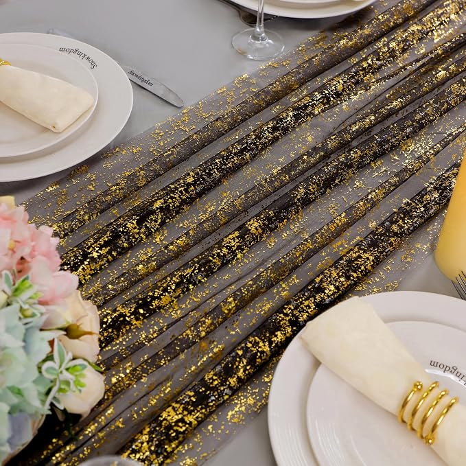 Snowkingdom 10 Pcs Black & Gold Cheesecloth Table Runner 10 FT, Sheer Chiffon - Image 5