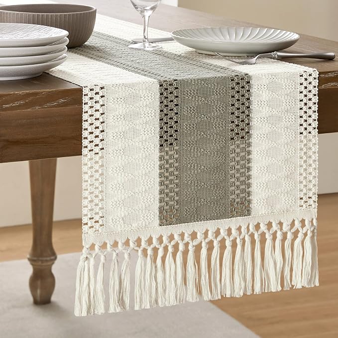 Macrame Style Bicolor Stitching Table Runner 14x72in Dark Sage | Woven Boho by ZEEMARTONLINE
