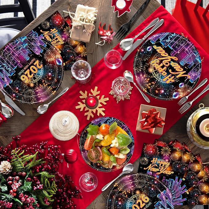 96 Pieces Happy New Year 2026 Tableware Set – Fireworks and City Night Skyline - Image 5