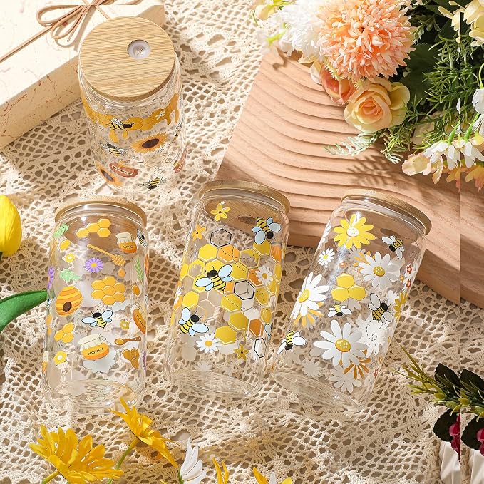 Mumufy 4 Pack Wildflower Glass Cups Gift Aesthetic Cute Glass Cup Tumbler - Image 4