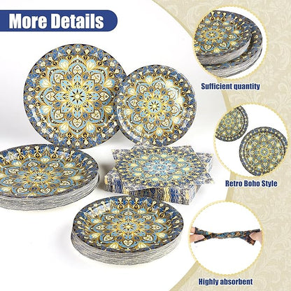 Kochorie 100 Pieces Bohemian Style Paper Plates and Napkins Set Vintage Bohemian Decorative Paper Plates (25 x 7 Inch & 25 x 9 Inch) Boho Tableware Set for Daily Use Party Kitchen Wedding Decor