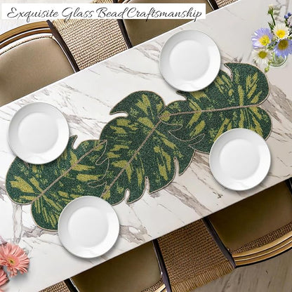 Monstera Leaf Beaded Table Runner 13 x 36 Inch, Handmade Glass Bead Runner - Image 2