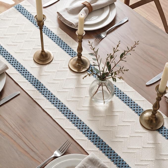 Artoid Mode Sky Blue Stripe Woven Rustic Table Runner 12x72 Inch | Holiday - Image 4
