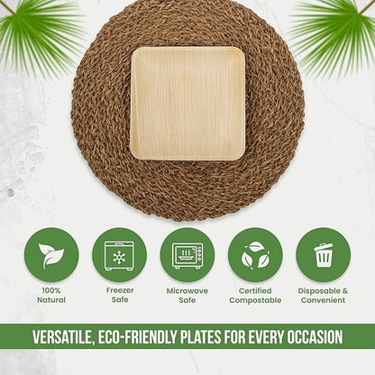Palm Leaf Plates 10 Inch & 7 Inch (50-Pack), Square Bamboo Plates Disposable, Eco-Friendly, Biodegradable & Compostable Bamboo Appetizer Plates, Perfect Dinnerware for Desserts, Snacks, & Parties