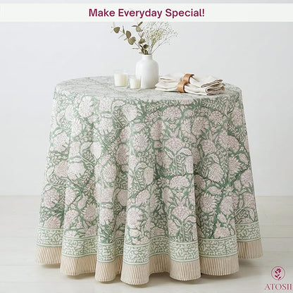 ATOSII Jade 100% Cotton Boho Round Tablecloth, Block Print Floral Table Cloth Linen for Dining, Parties, Weddings, Outdoors I Table Decor I 60" Inches Round