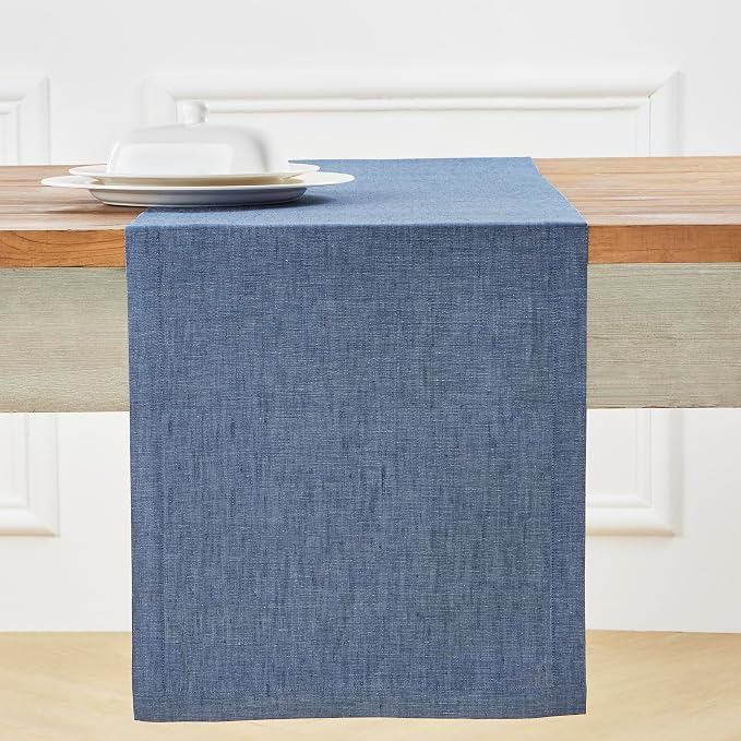 Solino Home 100% Pure Linen Table Runner Blue Denim, Athena 14 x 120 in | Table - Image 2