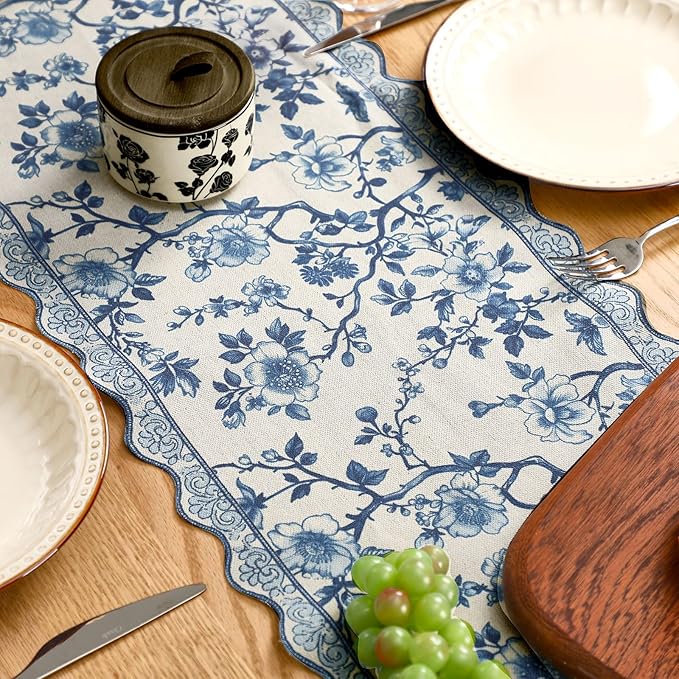 HunnmingRe 71x12 Inch Chinoiserie Table Runner Blue and White Floral Table - Image 3