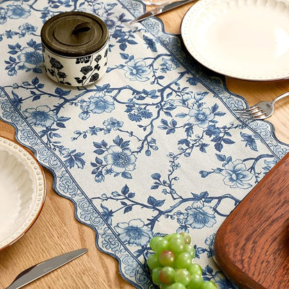 HunnmingRe 71x12 Inch Chinoiserie Table Runner Blue and White Floral Table - Image 3
