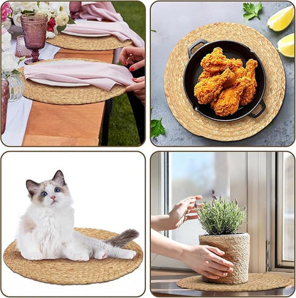 Kochorie Set of 6 Round Woven Placemats 12-Inch Natural Water Hyacinth Plant Placemats Hand-Woven Boho Rattan Placemat Wicker Weave Table Mats for Home Dinner Plates Holiday Supplies