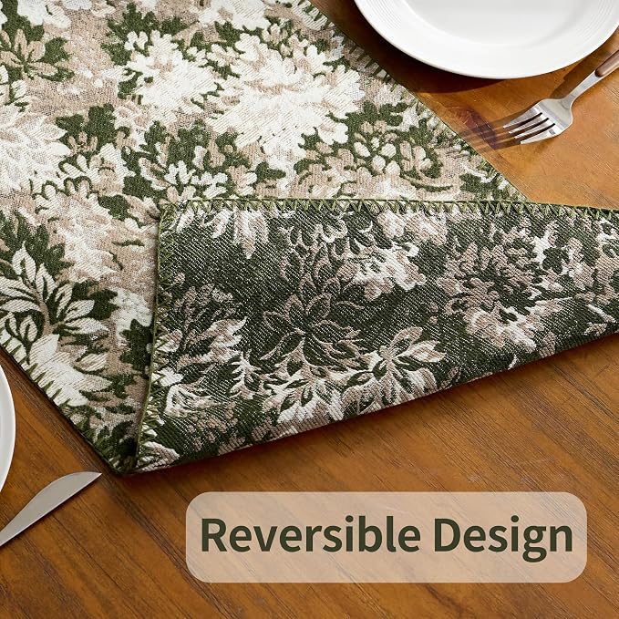 ORTIGIA Vintage Floral Table Runner, Boho Chenille Green and Taupe Farmhouse - Image 5