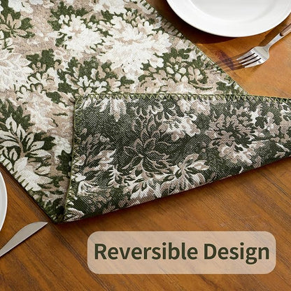 ORTIGIA Vintage Floral Table Runner, Boho Chenille Green and Taupe Farmhouse - Image 5