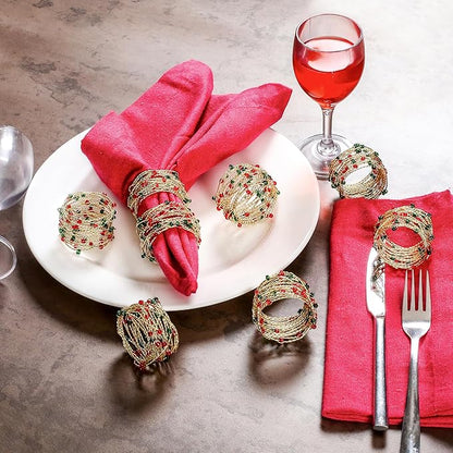 Gold Red Green Beaded Napkin Ring Set of 12 - Beautiful Elegant Decorative Napkin Holder for Christmas/Dinner Table Decoration/Farmhouse/Wedding/Party/Family Gathering/New Year & Everyday Use