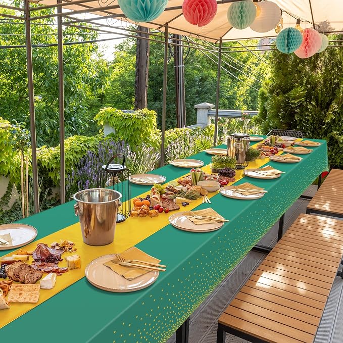 8Pack Disposable Plastic Party Tablecloths and Satin Table Runner Set Green and - Image 7