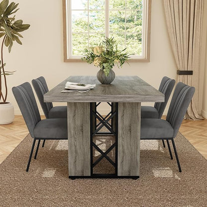 7-Piece Dining Table Set for 6 People, 70.8" MDF Kitchen Table with 6 Velvet Chairs, Space-Saving for Dining Room, Breakfast Nook(Grey Table+6 Grey Chairs)