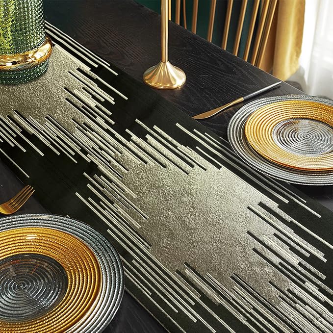 Luxury Black and Gold Table Runner 72 Inches Long, Modern Abstract Striped | - Image 5