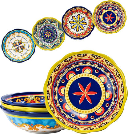 UNICASA Ceramic Pasta Bowls Set, 27 oz Cereal Bowls Set of 4, Porcelain Colorful Bowls for Salad, Soup, Noodle, Boho Style, Dishwasher & Microwave Safe