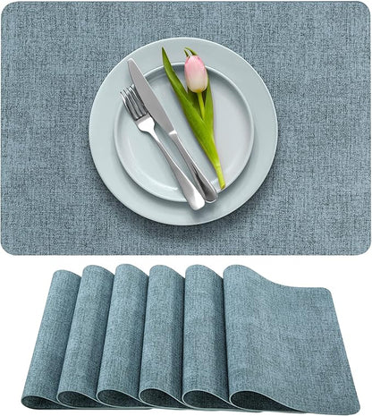 More Décor Faux Leather Placemats Set of 6 for Dining Table – Waterproof, Wipeable, Washable, Stain & Heat Resistant, Non-Slip Table Mats – 12 X 17 Inch, Blue