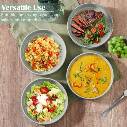 E-far Pasta Bowls Set of 6, 35 oz Large Stoneware Bowl Plates | Shallow & Wide - Image 4
