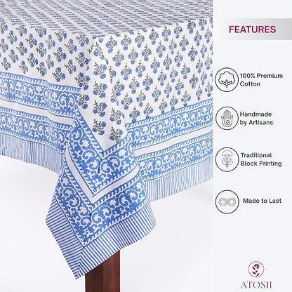 ATOSII Gulbahar Blue 100% Cotton Fall Rectangle Tablecloth, Handblock Print Floral Table Cloth for Kitchen Dining Linen I Thanksgiving Christmas Weddings Outdoors I 72 X 108 Inches I 8 Seater