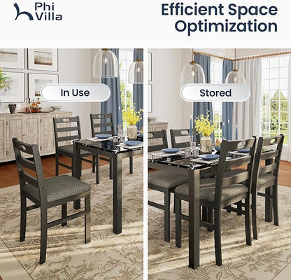 PHI VILLA 5 Piece Dining Table Set for 4, Marble Design Kitchen Table Chairs Set of 4, Solid Wood Space-Saving Dining Room Table Set for Apartment, Veined Black Marble& Gray