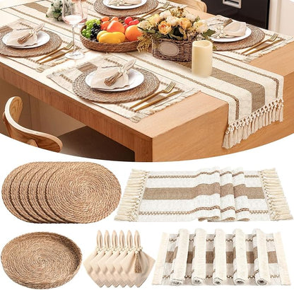 6 Sets Boho Decoration Placemats Round Woven Placemats, Cloth Napkins, Wood by Gandeer