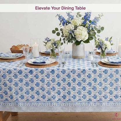 ATOSII Padma Blue 100% Cotton Rectangle Summer Tablecloth, Indian Block Print Floral Table Cloth I Dining Parties Weddings Outdoors Holidays 60 X 108 Inches, 8 Seater I Grandmillennial Farmhouse Boho