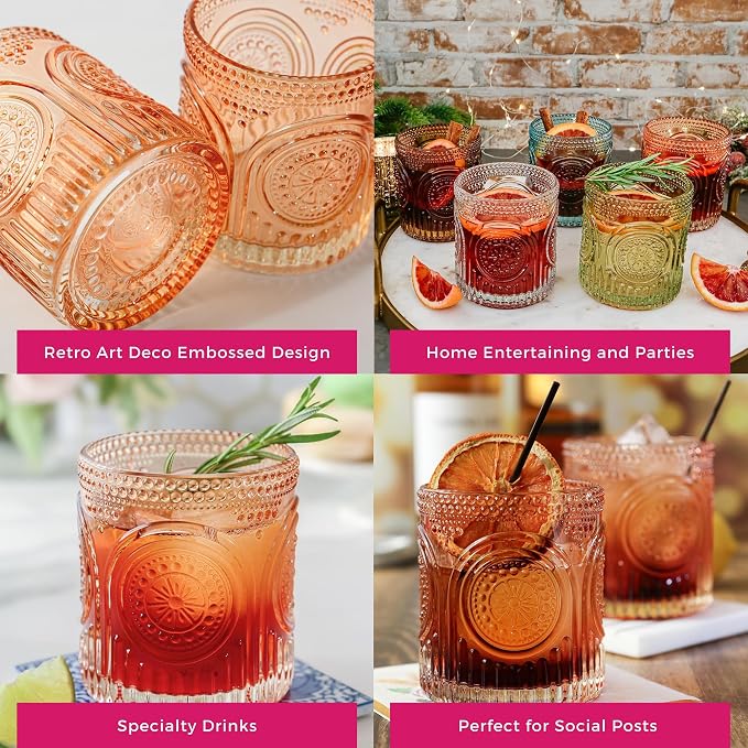 Ribbed Retro Arch Floral Rose Gold Drinking Glasses Set of 6, Vintage Glassware - Image 5