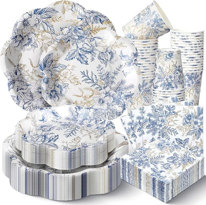 250 Pcs Blue Gold Floral Disposable Paper Plate Napkins | Bridal Shower Wedding by Newtay